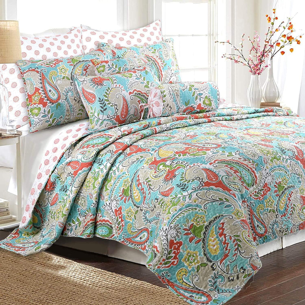 Cozy Line Home Fashions Turquoise Blue Coral Floral Leaf Reversible Quilt Bedding Set, Coverlet Bedspread Lightweight for All Seasons (Mirage Paisley, King - 6 Piece)