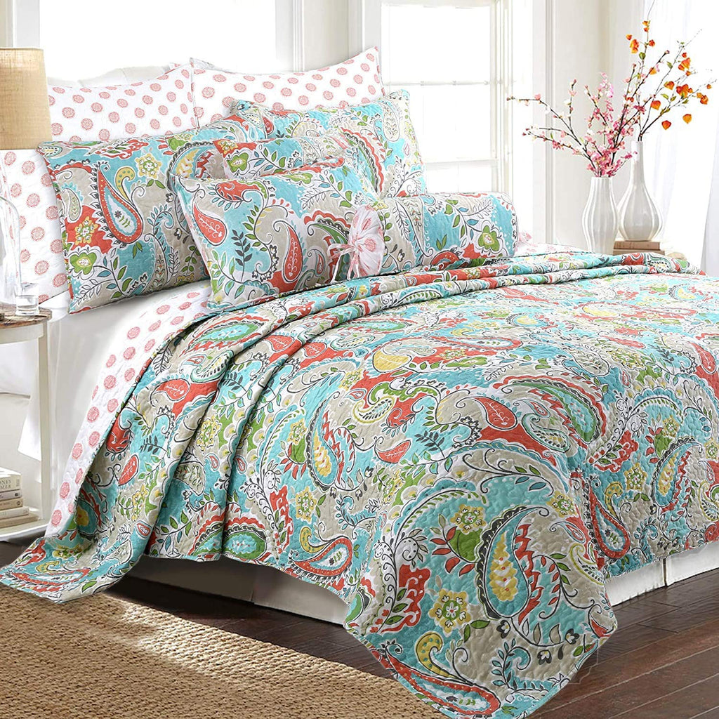 Cozy Line Home Fashions Turquoise Blue Coral Floral Leaf Reversible Quilt Bedding Set, Coverlet Bedspread Lightweight for All Seasons (Mirage Paisley, King - 6 Piece)