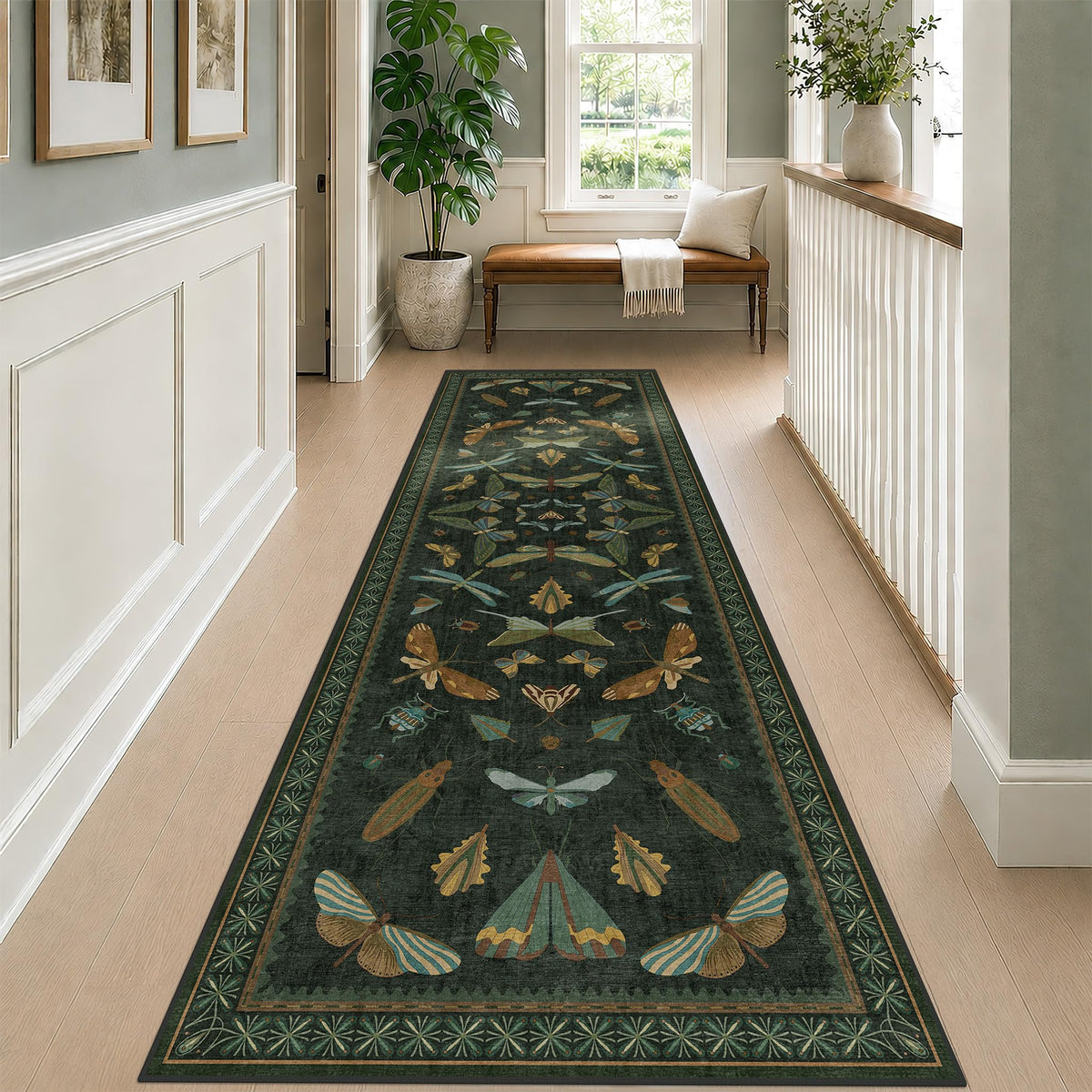 Hazo Haus Dark Green Insect Area Rugs 8x10 for Living Room, Dining Room Under Table, Bedroom, Unique Washable Floral Non Slip Low Pile Soft Rug