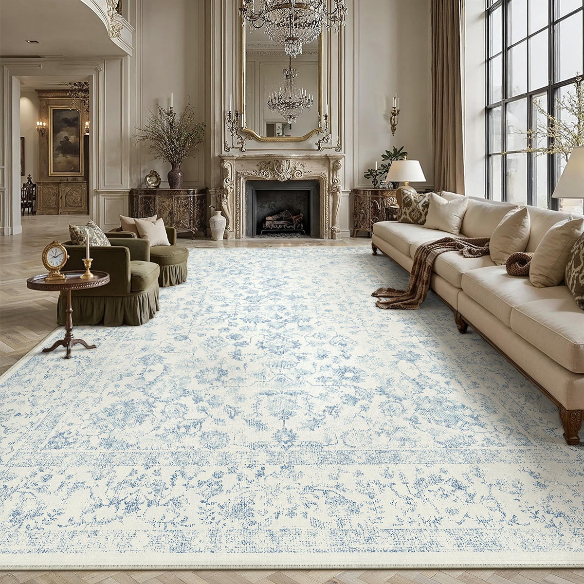 PureCozy Blue 6x6 Round Area Rug Vintage Washable Carpet Non Slip