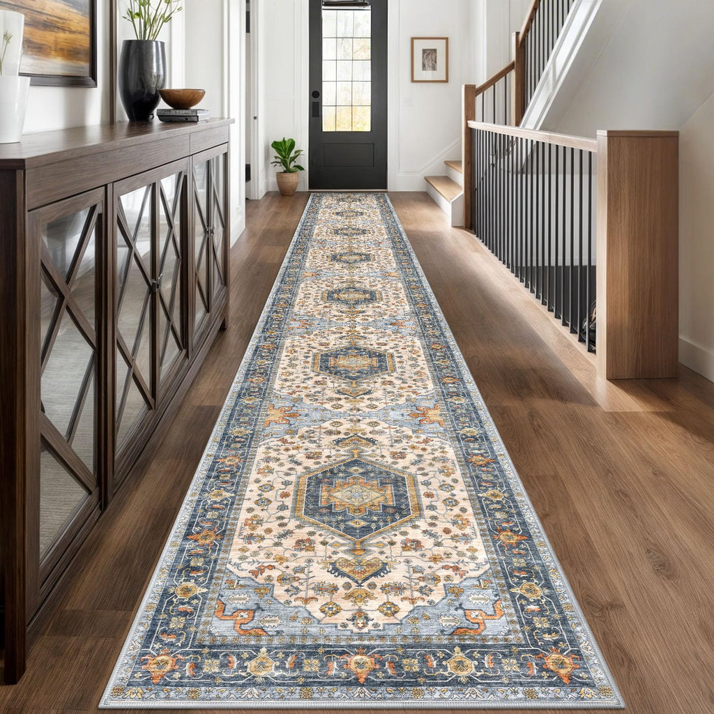 KUTA Vintage Extra Long Runners for Hallways 2.6x18ft Washable Blue White