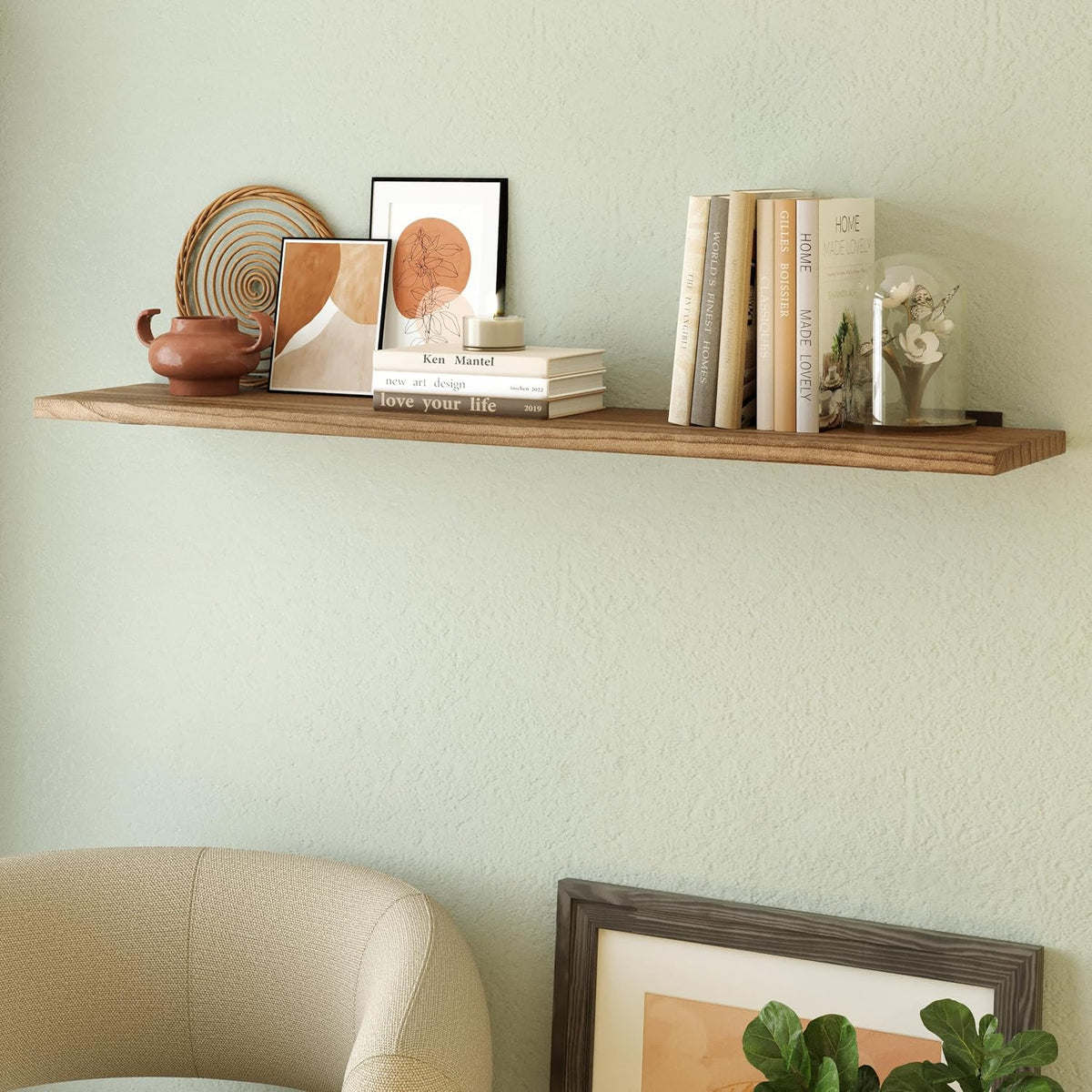 Wallniture Palm 48 inch Floating Shelf, Heavy Duty Brackets Included, Rustic Wooden Shelves for Wall, 1pc, Burnt Finish