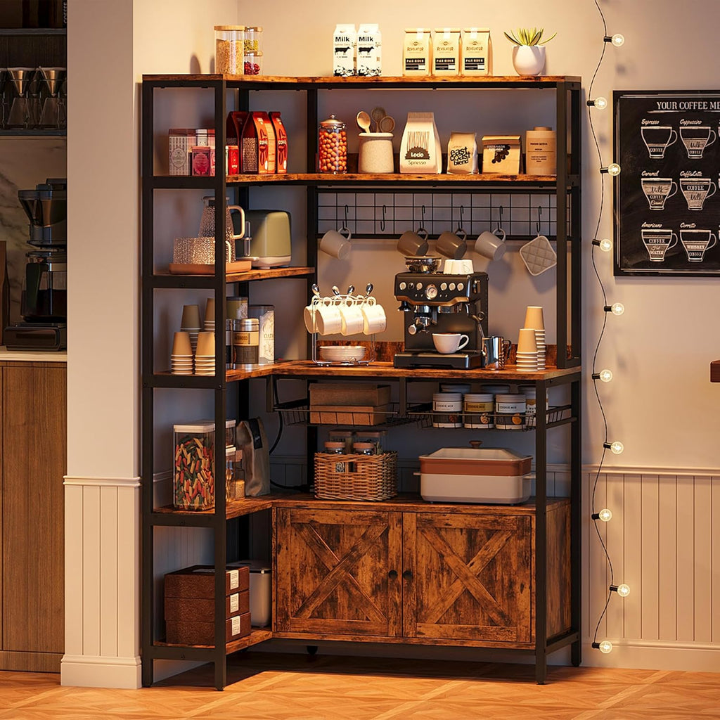 IRONCK Corner Bakers Rack with Outlet, 6-Tier Coffee Bar Cabinet 40.9"