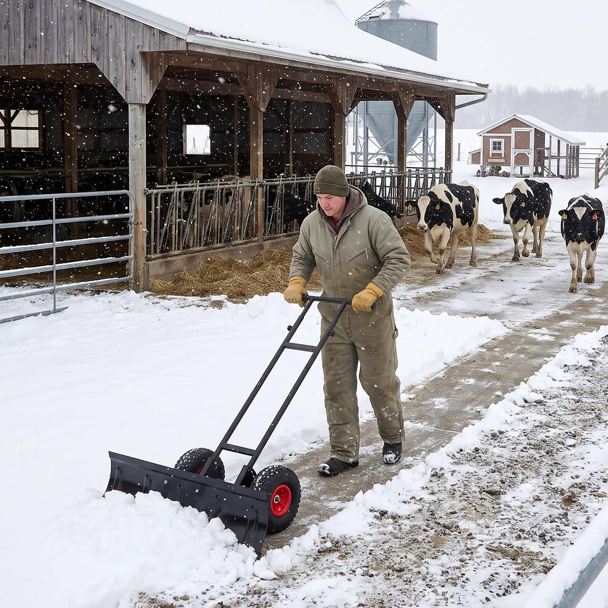 36 Inch Snow Shovel with Wheels, Heavy Duty Metal Snow Pusher Plow, Adjustable Height Handle, Wheeled Snow Removal Tool for Driveway, Sidewalk, Yard, Commercial Use
