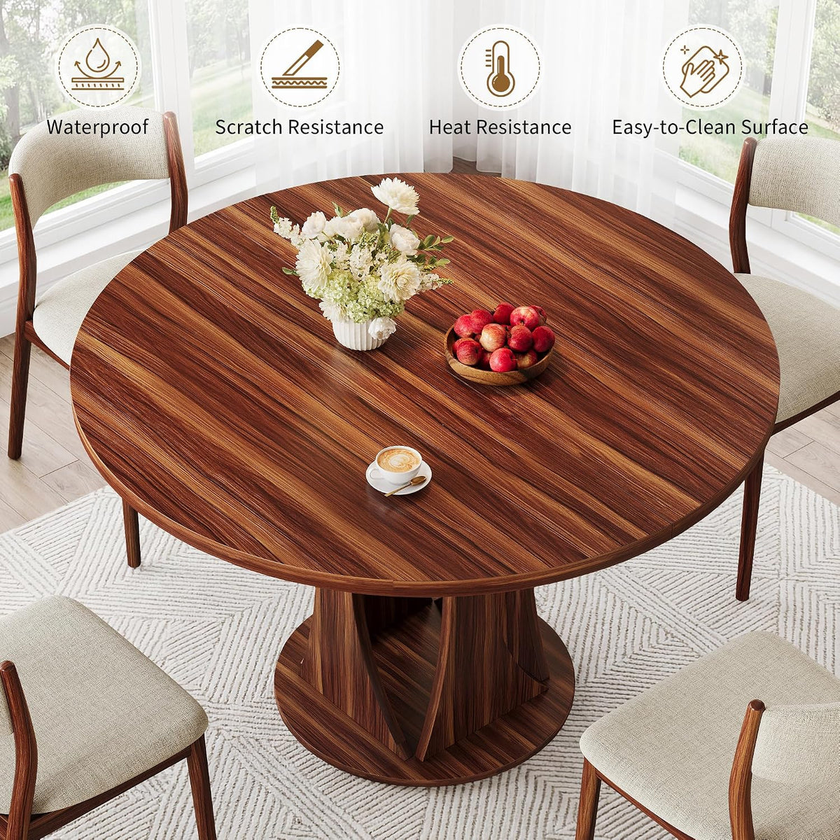 iPormis Round Dining Table, 47'' Kitchen Table for 4-6, Dining Room Dinner Table with Wooden Tabletop & Geometric Arcs Pedestal for Kitchen, Living Room, Home, Office, Walnut
