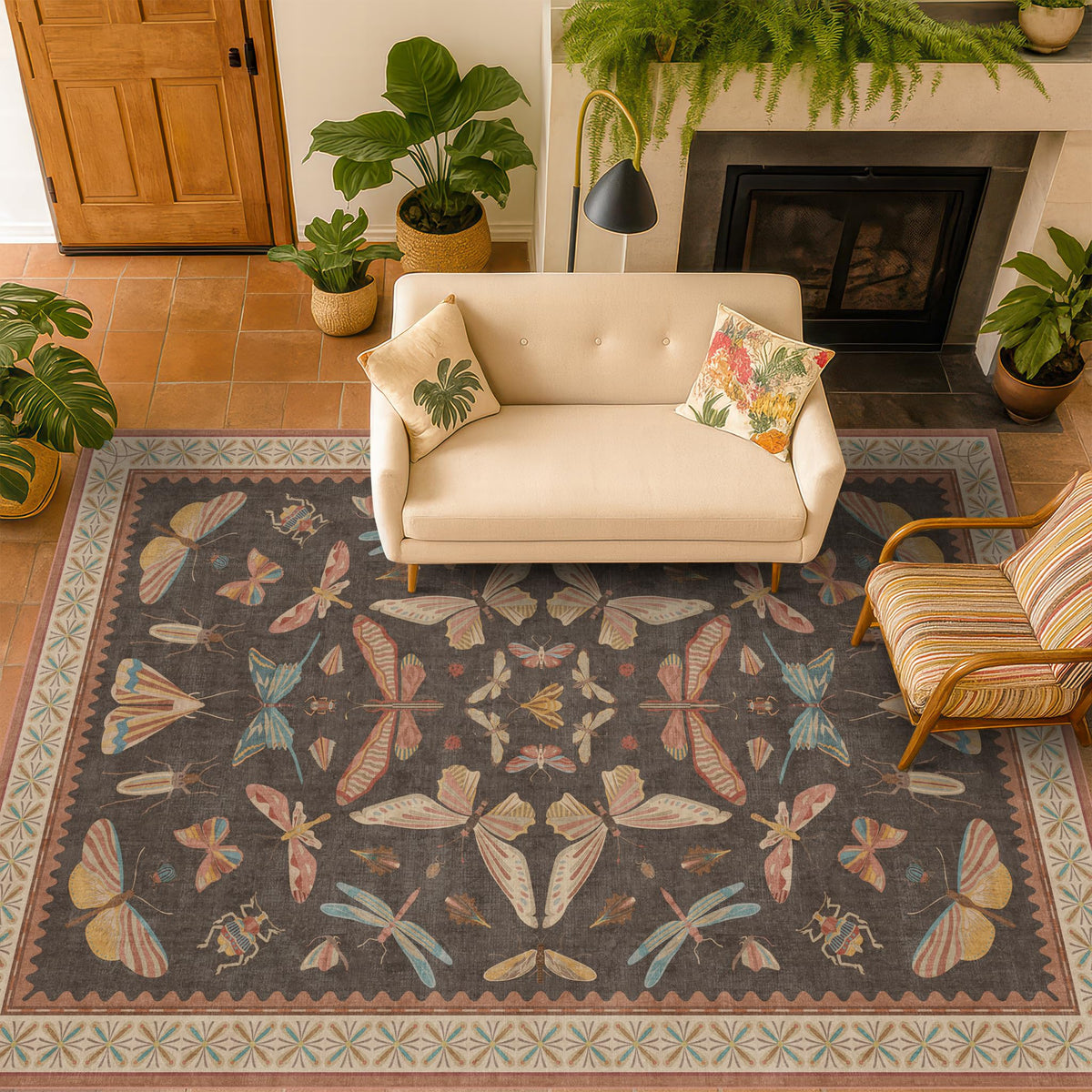Hazo Haus Dark Green Insect Area Rugs 8x10 for Living Room, Dining Room Under Table, Bedroom, Unique Washable Floral Non Slip Low Pile Soft Rug