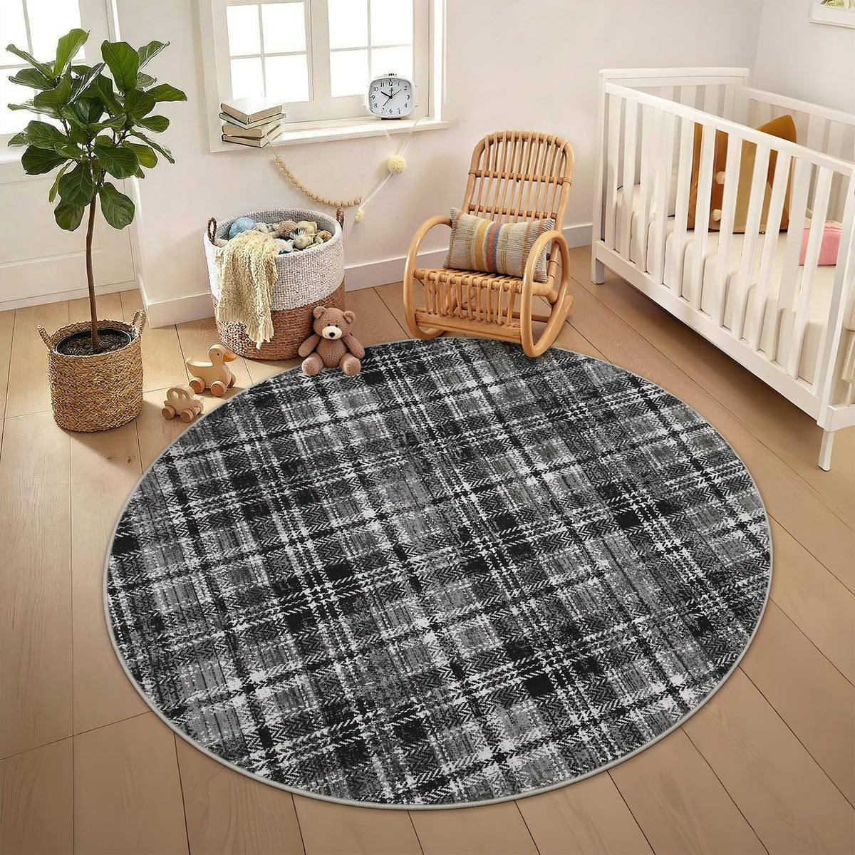 Modern Washable 8x10 Area Rug - Soft, Non-Slip, Stain Resistant, Farmhouse Tartan Plaid for Living Room, Bedroom, Nursery, Office - Beige