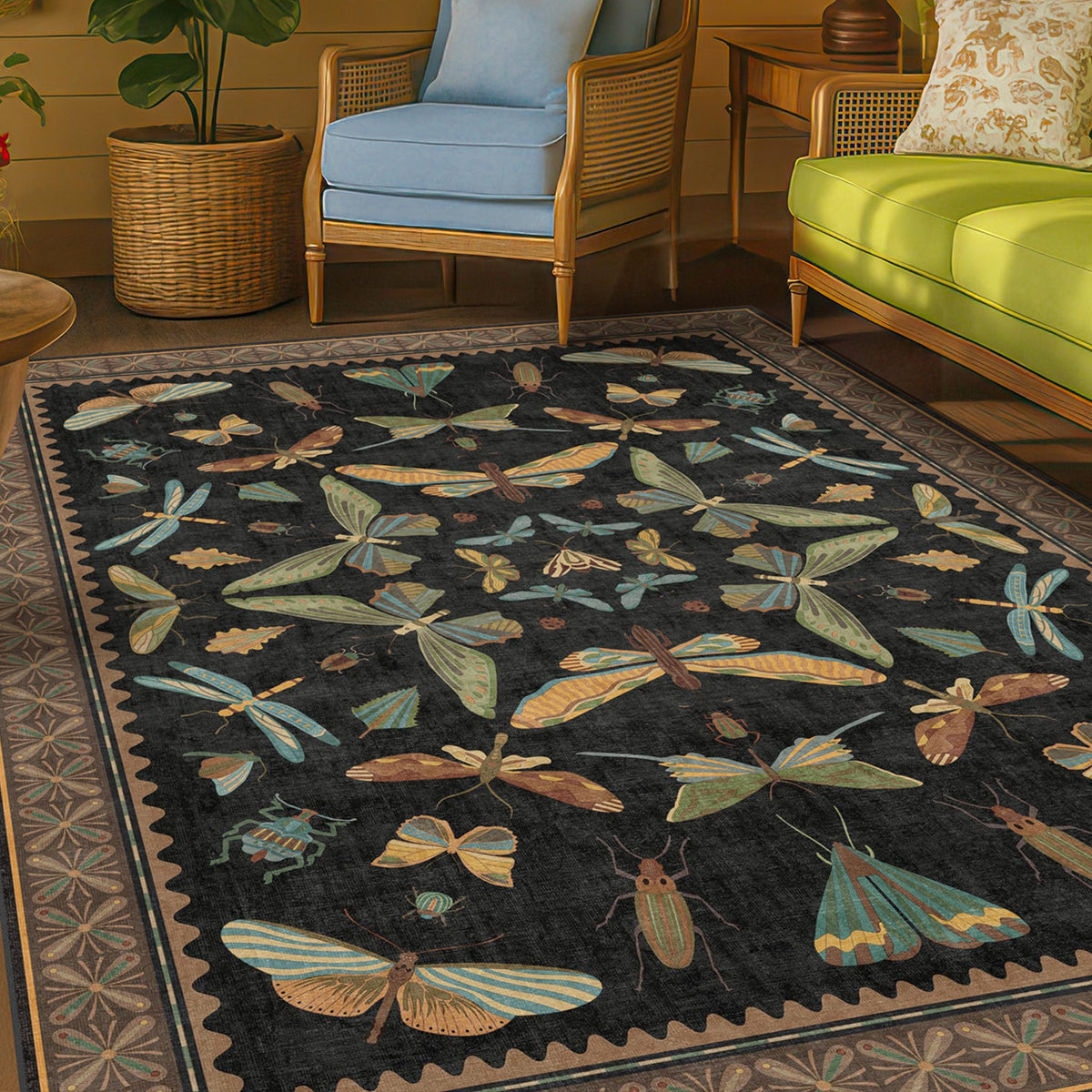 Hazo Haus Dark Green Insect Area Rugs 8x10 for Living Room, Dining Room Under Table, Bedroom, Unique Washable Floral Non Slip Low Pile Soft Rug
