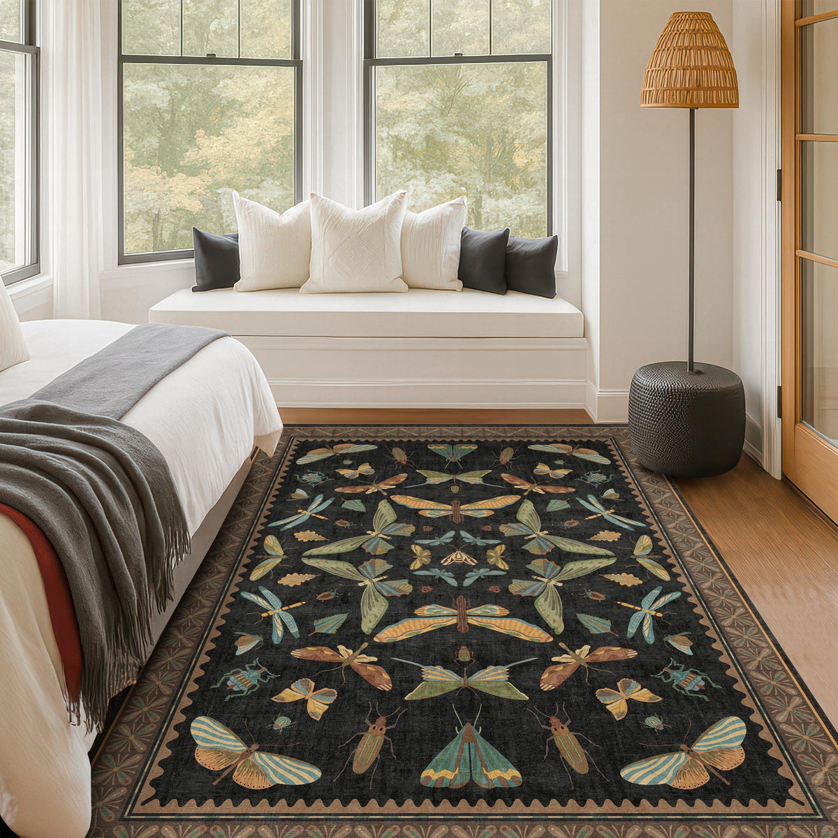 Hazo Haus Dark Green Insect Area Rugs 8x10 for Living Room, Dining Room Under Table, Bedroom, Unique Washable Floral Non Slip Low Pile Soft Rug