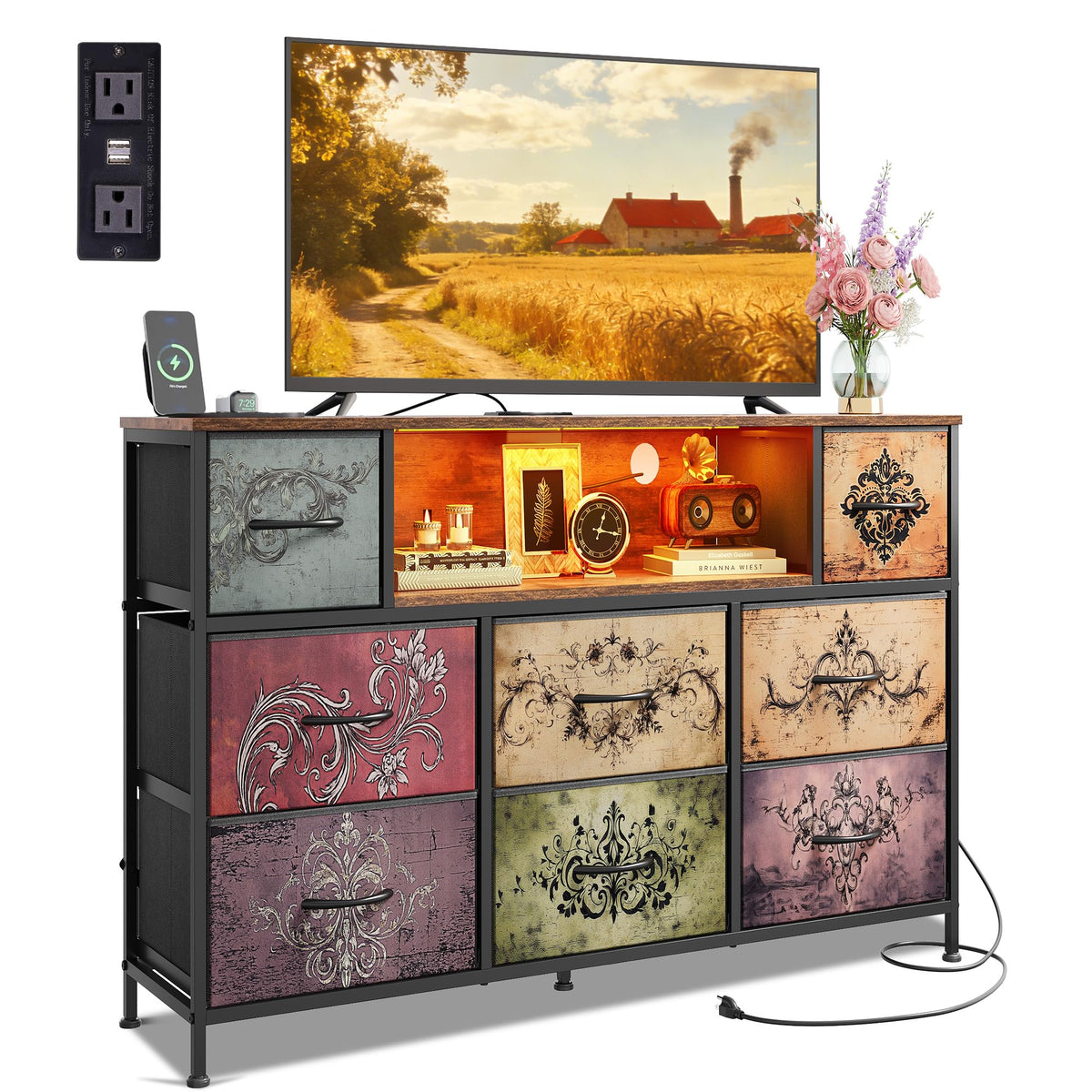 WLIVE LED Black Dresser TV Stand for 55 Inch TV, 8 Drawers