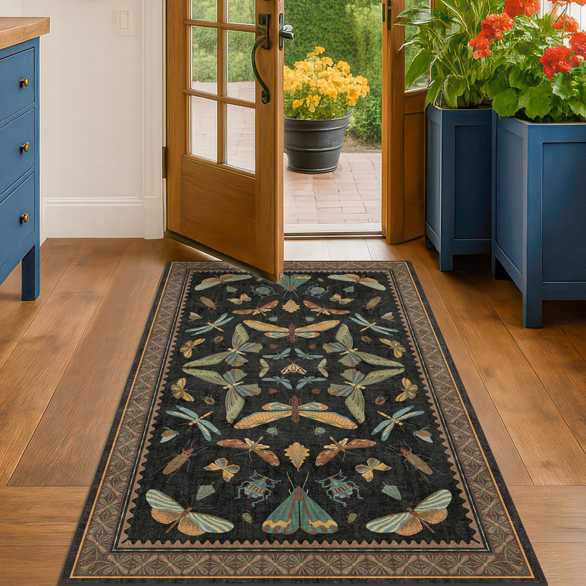 Hazo Haus Dark Green Insect Area Rugs 8x10 for Living Room, Dining Room Under Table, Bedroom, Unique Washable Floral Non Slip Low Pile Soft Rug