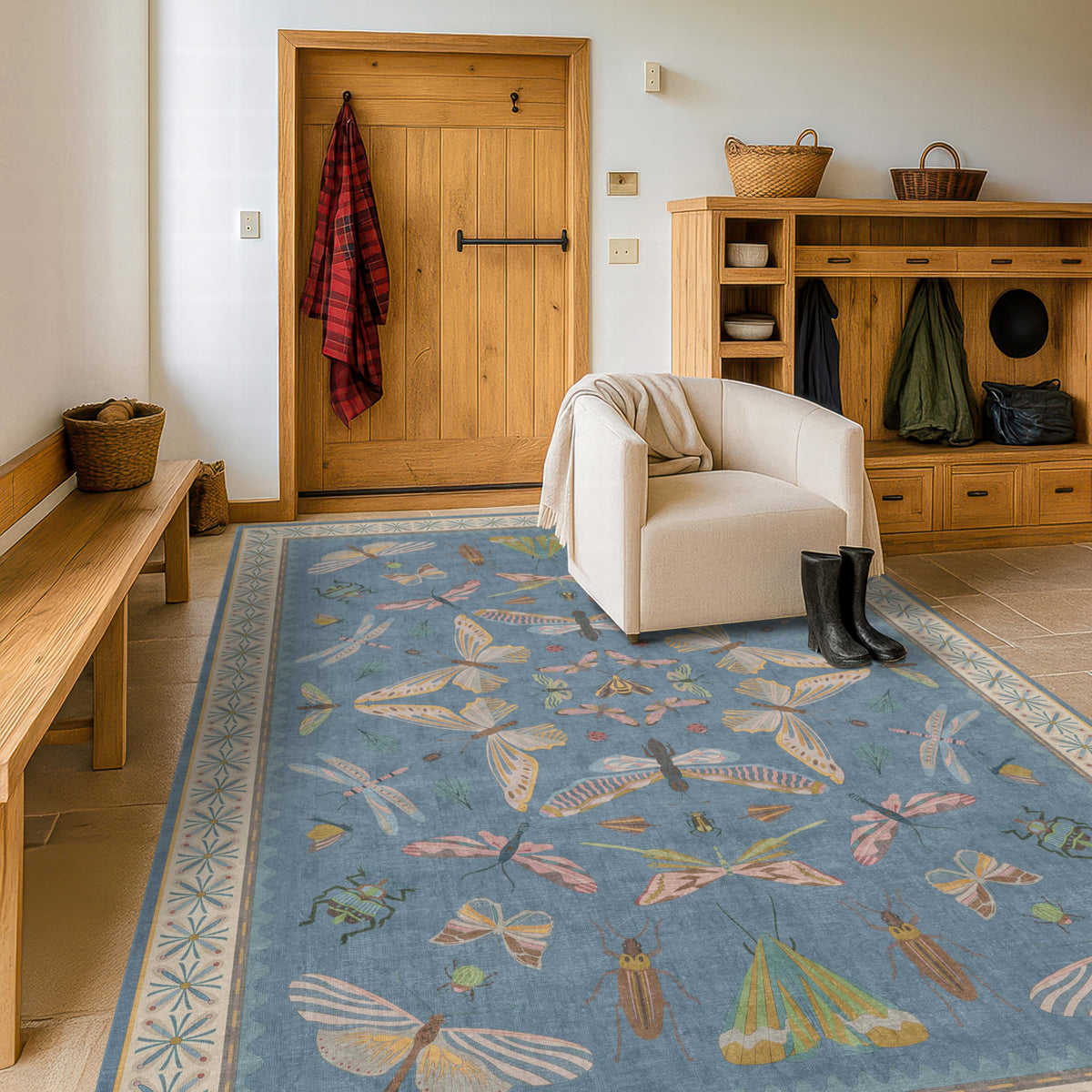 Hazo Haus Dark Green Insect Area Rugs 8x10 for Living Room, Dining Room Under Table, Bedroom, Unique Washable Floral Non Slip Low Pile Soft Rug