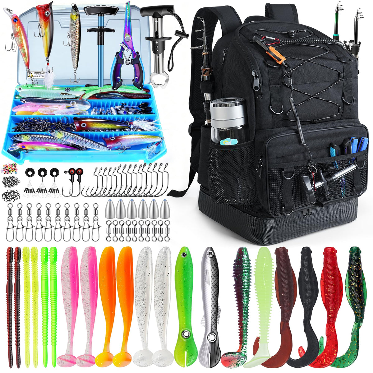 Fishing Backpack with Rod Holder, Heavy Duty Fishing Bag with Waterproof Bottom, Tackle Backpack Gifts for Man Woman-Black