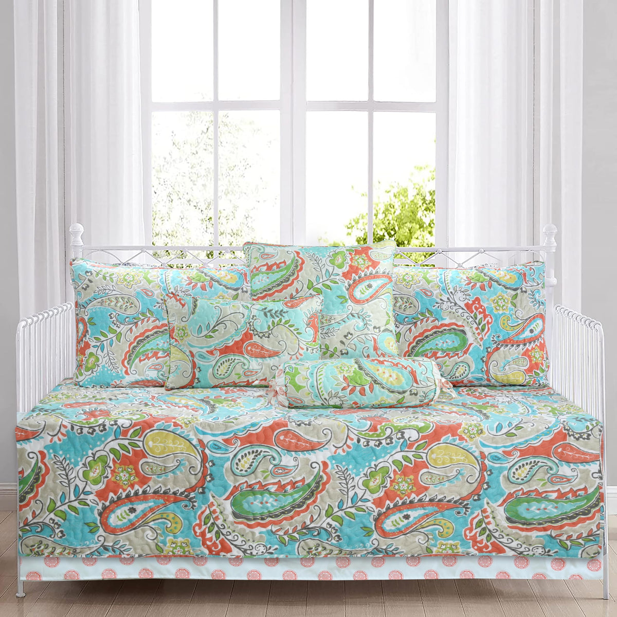 Cozy Line Home Fashions Turquoise Blue Coral Floral Leaf Reversible Quilt Bedding Set, Coverlet Bedspread Lightweight for All Seasons (Mirage Paisley, King - 6 Piece)