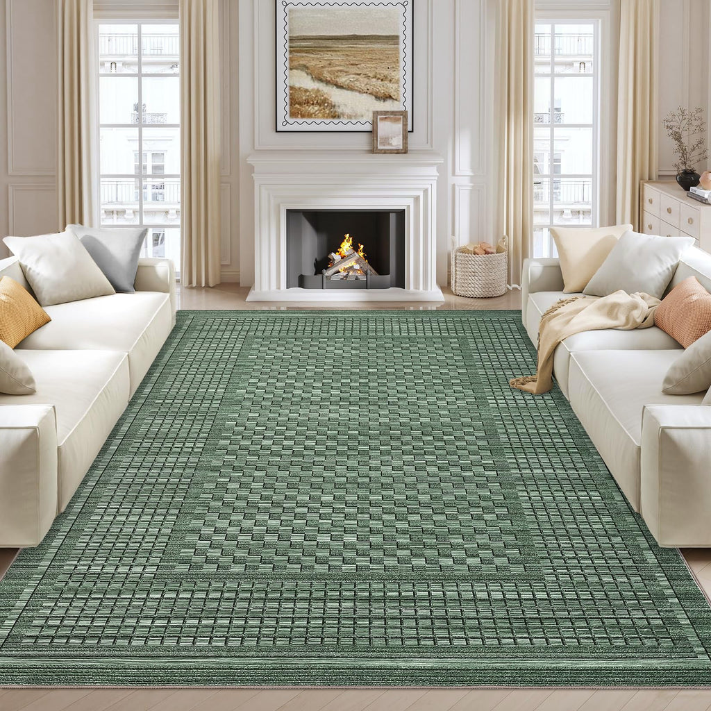 Modern Washable 8x10 Area Rug - Soft, Non-Slip, Stain Resistant, Farmhouse Tartan Plaid for Living Room, Bedroom, Nursery, Office - Beige