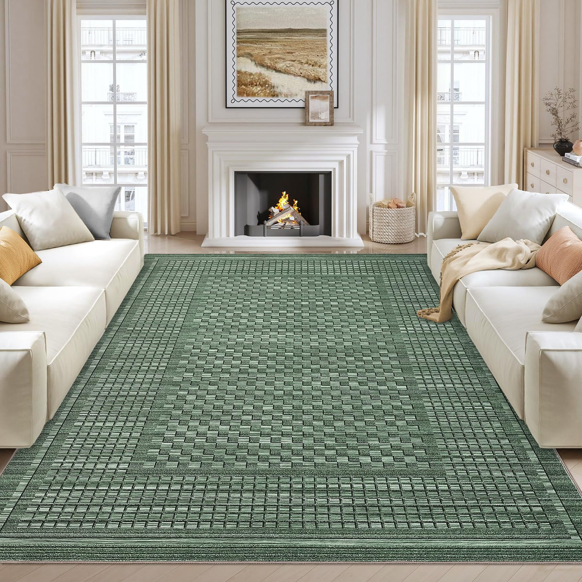 Modern Washable 8x10 Area Rug - Soft, Non-Slip, Stain Resistant, Farmhouse Tartan Plaid for Living Room, Bedroom, Nursery, Office - Beige