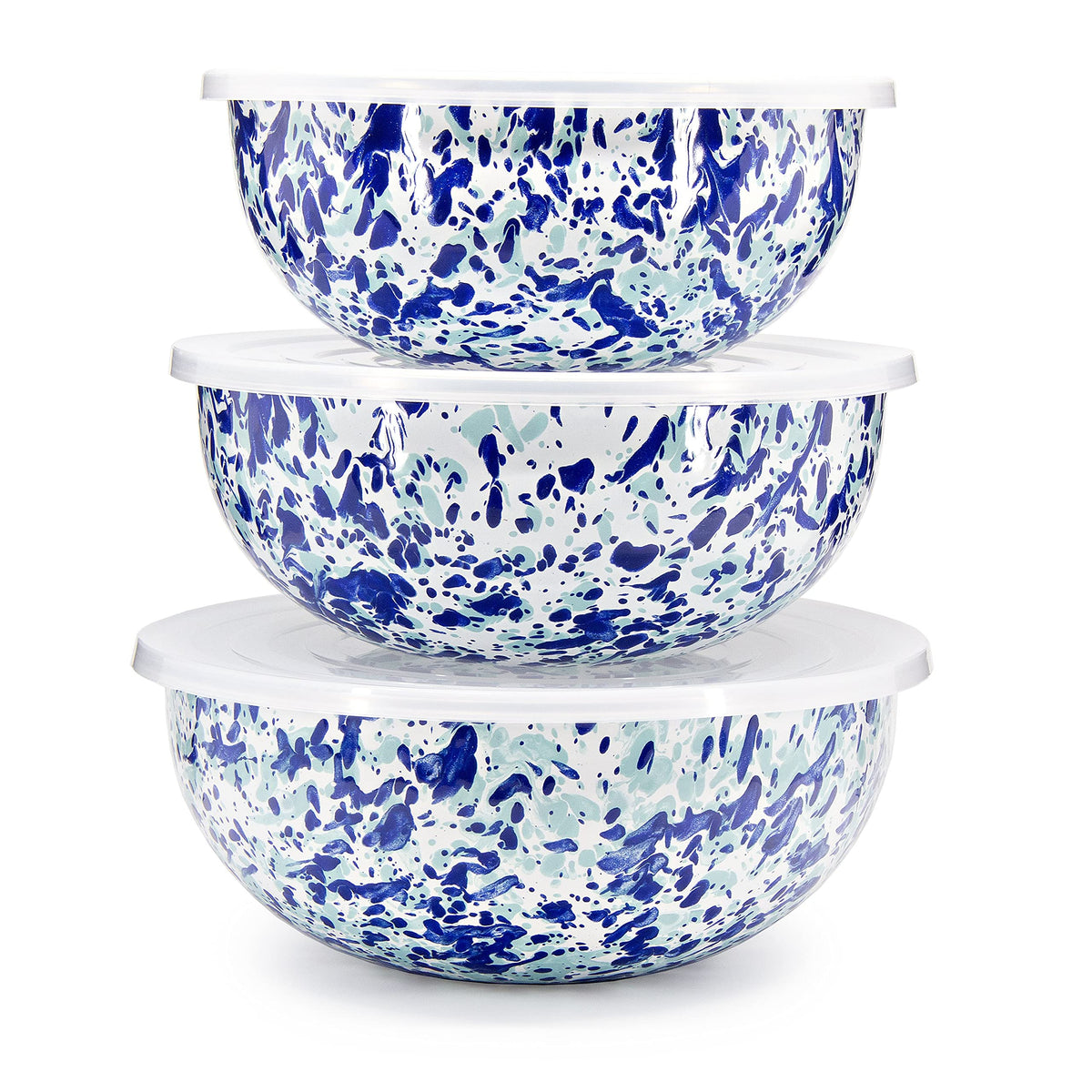 Golden Rabbit Enamelware Nested Mixing Bowls with Lids, Set of 3, Lagoon