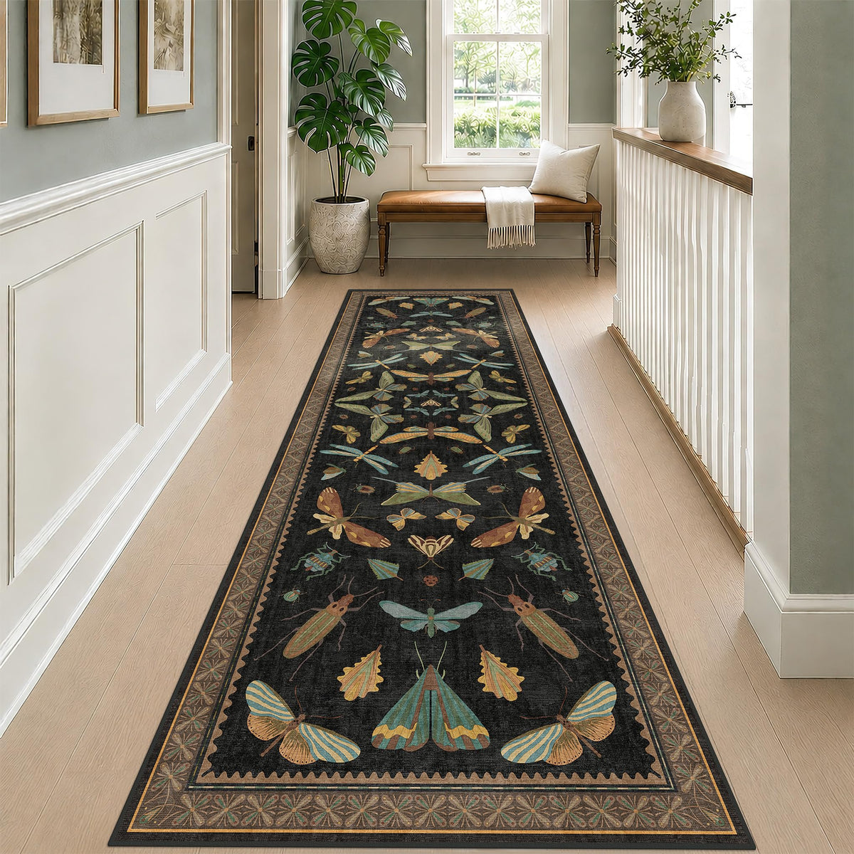 Hazo Haus Dark Green Insect Area Rugs 8x10 for Living Room, Dining Room Under Table, Bedroom, Unique Washable Floral Non Slip Low Pile Soft Rug