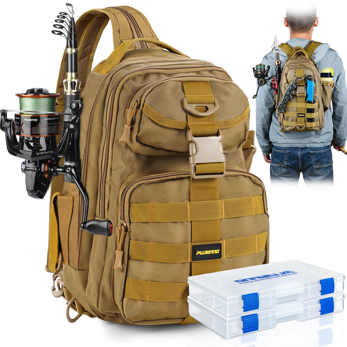 PLUSINNO Fishing Backpack with Rod & Reel Combos, Fishing Gear Kit