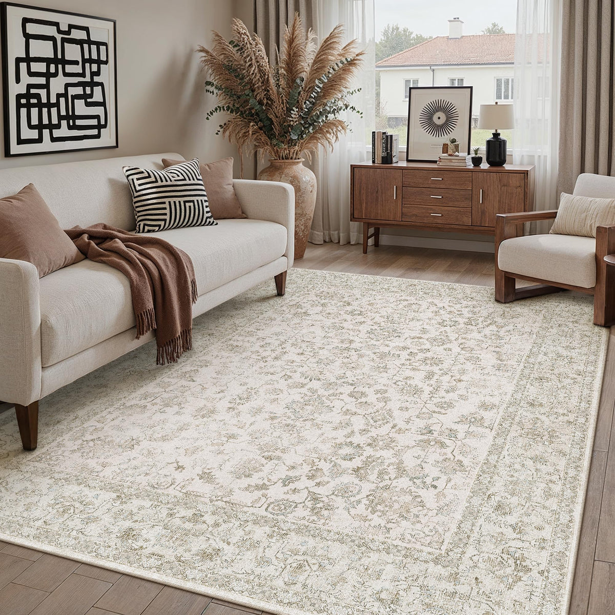 PureCozy Blue 6x6 Round Area Rug Vintage Washable Carpet Non Slip