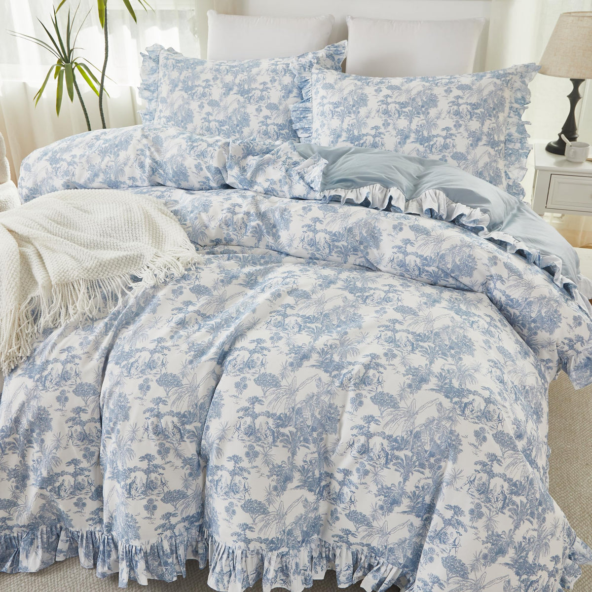 Brandream French Country Toile Queen Duvet Cover Set for Girl Women Bedroom Vintage Pink Toile Floral Print 100% Cotton Duvet Quilt Comforter Cover Pillow Shams Set with Delicate Ruffle Fringe