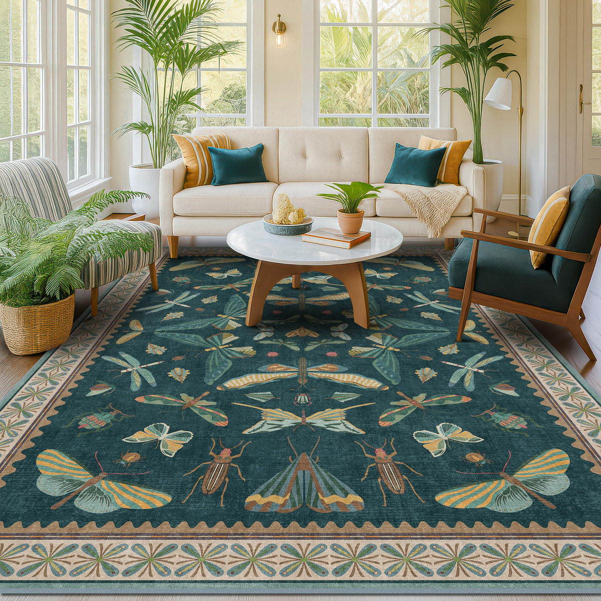 Hazo Haus Dark Green Insect Area Rugs 8x10 for Living Room, Dining Room Under Table, Bedroom, Unique Washable Floral Non Slip Low Pile Soft Rug