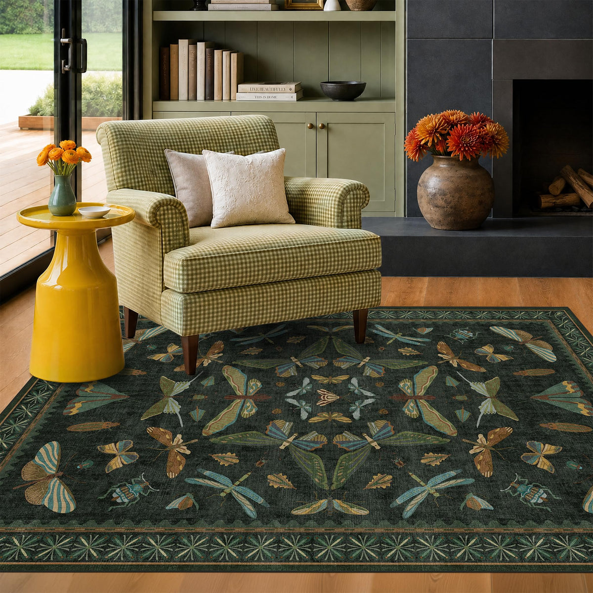 Hazo Haus Dark Green Insect Area Rugs 8x10 for Living Room, Dining Room Under Table, Bedroom, Unique Washable Floral Non Slip Low Pile Soft Rug