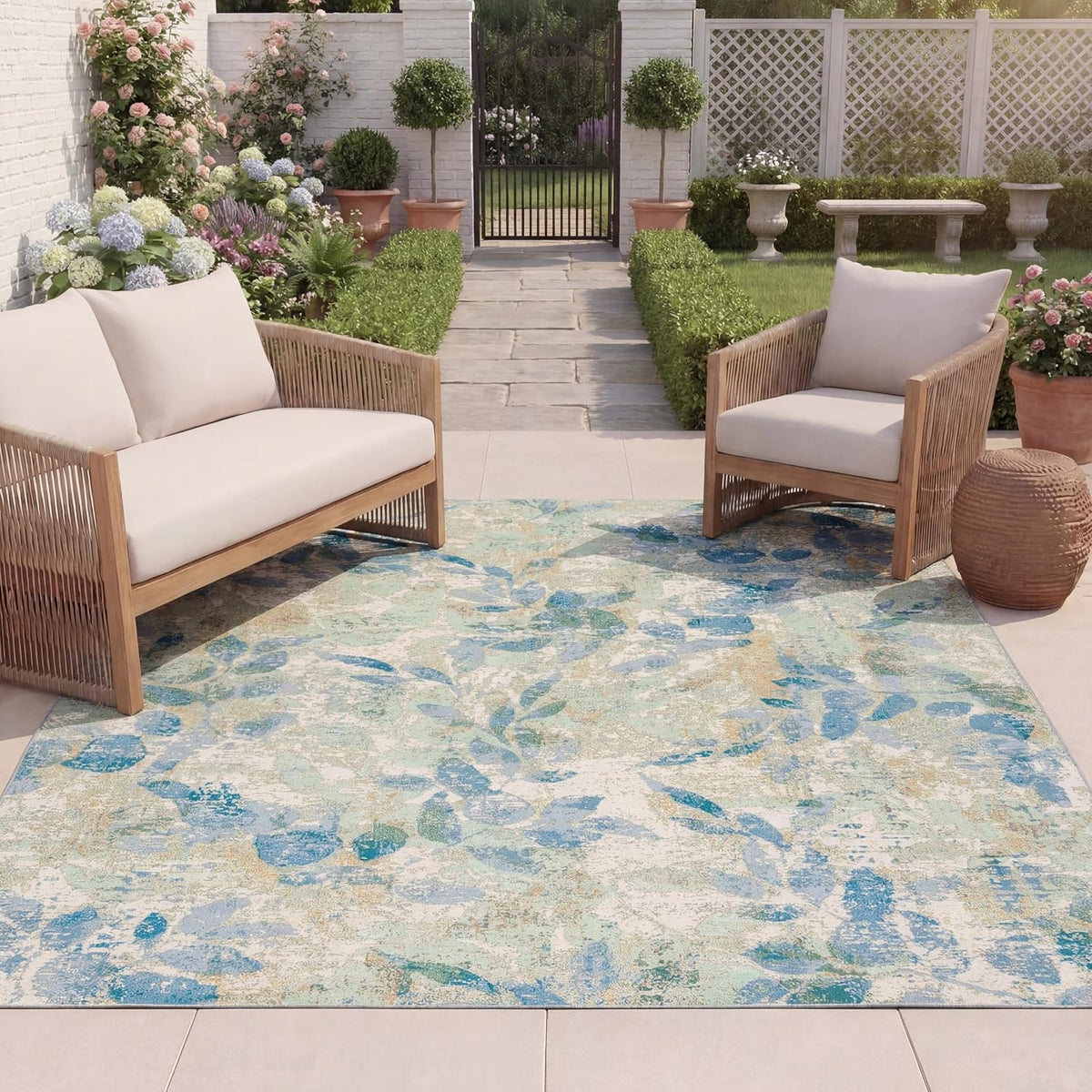 SAFAVIEH Washable Rug Outdoor Barbados Collection - 8' x 10'5", Blue & Ivory, Non-Shedding & Easy to Clean, Ideal for Patio, Backyard, Mudroom (BAR594M)