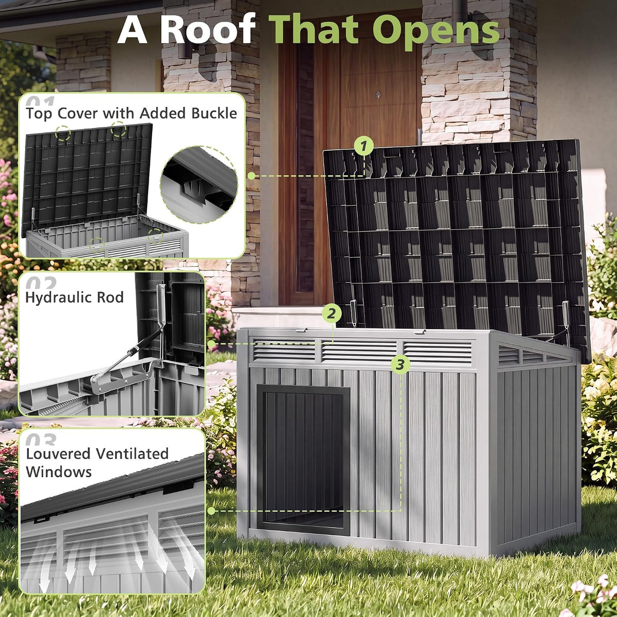 Fancyango Outdoor Dog House for Large Dogs, Outside Dog House with Weatherproof Roof, XL Dog House (Classic Grey, 43" L x 33" W x 32" H)