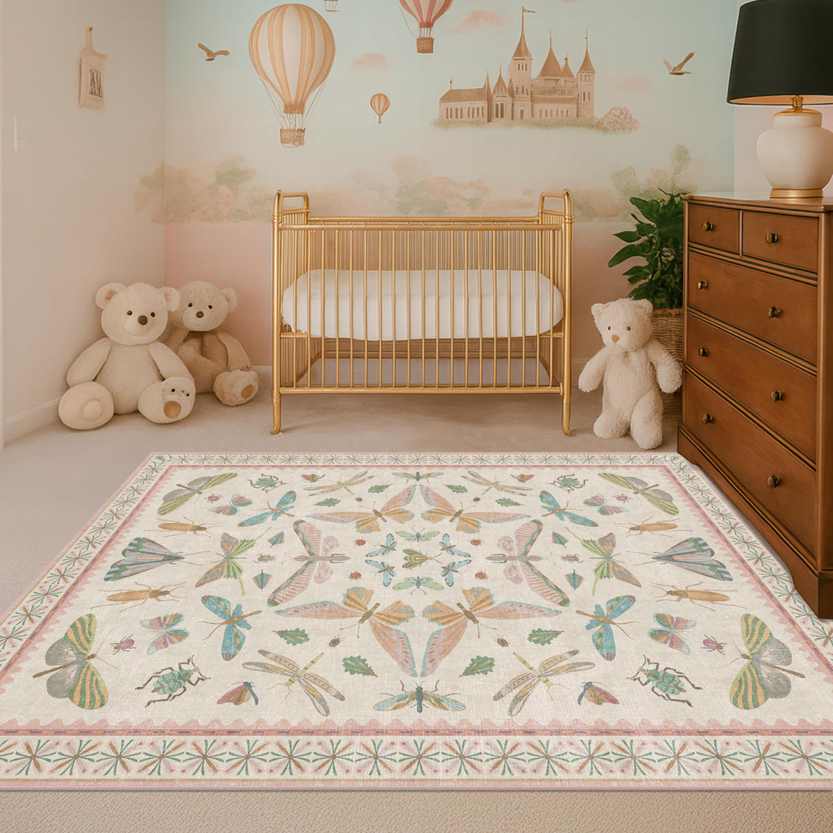 Hazo Haus Dark Green Insect Area Rugs 8x10 for Living Room, Dining Room Under Table, Bedroom, Unique Washable Floral Non Slip Low Pile Soft Rug