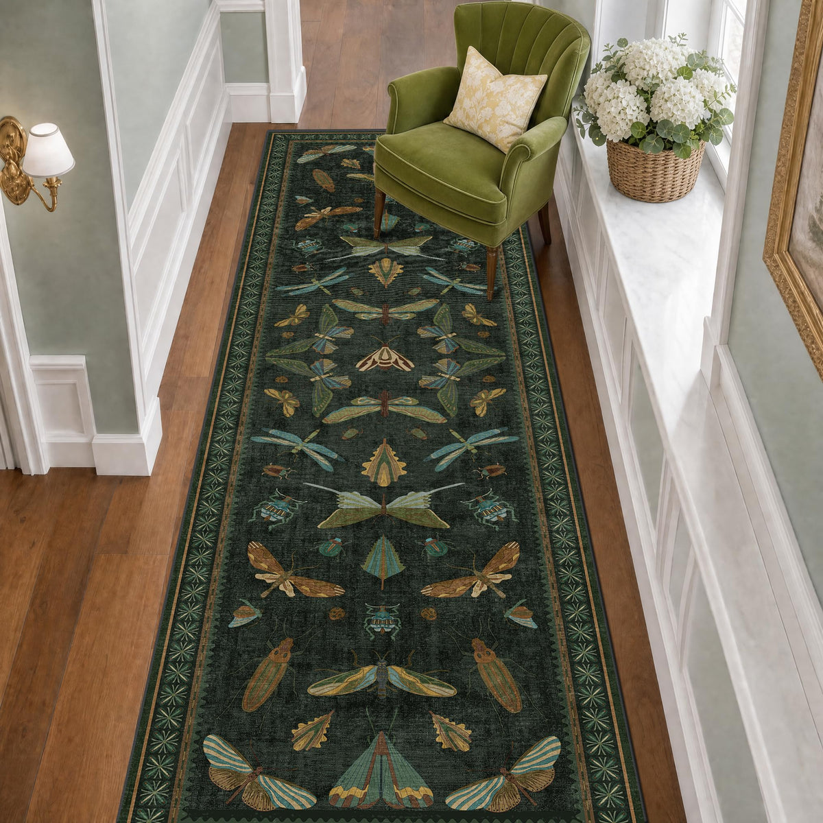 Hazo Haus Dark Green Insect Area Rugs 8x10 for Living Room, Dining Room Under Table, Bedroom, Unique Washable Floral Non Slip Low Pile Soft Rug