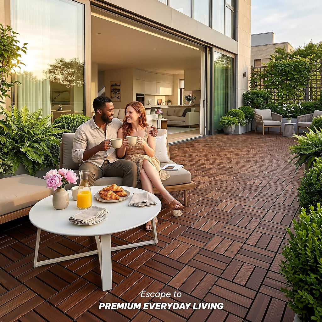 Acacia Interlocking Deck Tiles, 27 PCS Wood Flooring, 12 Slats, Walnut