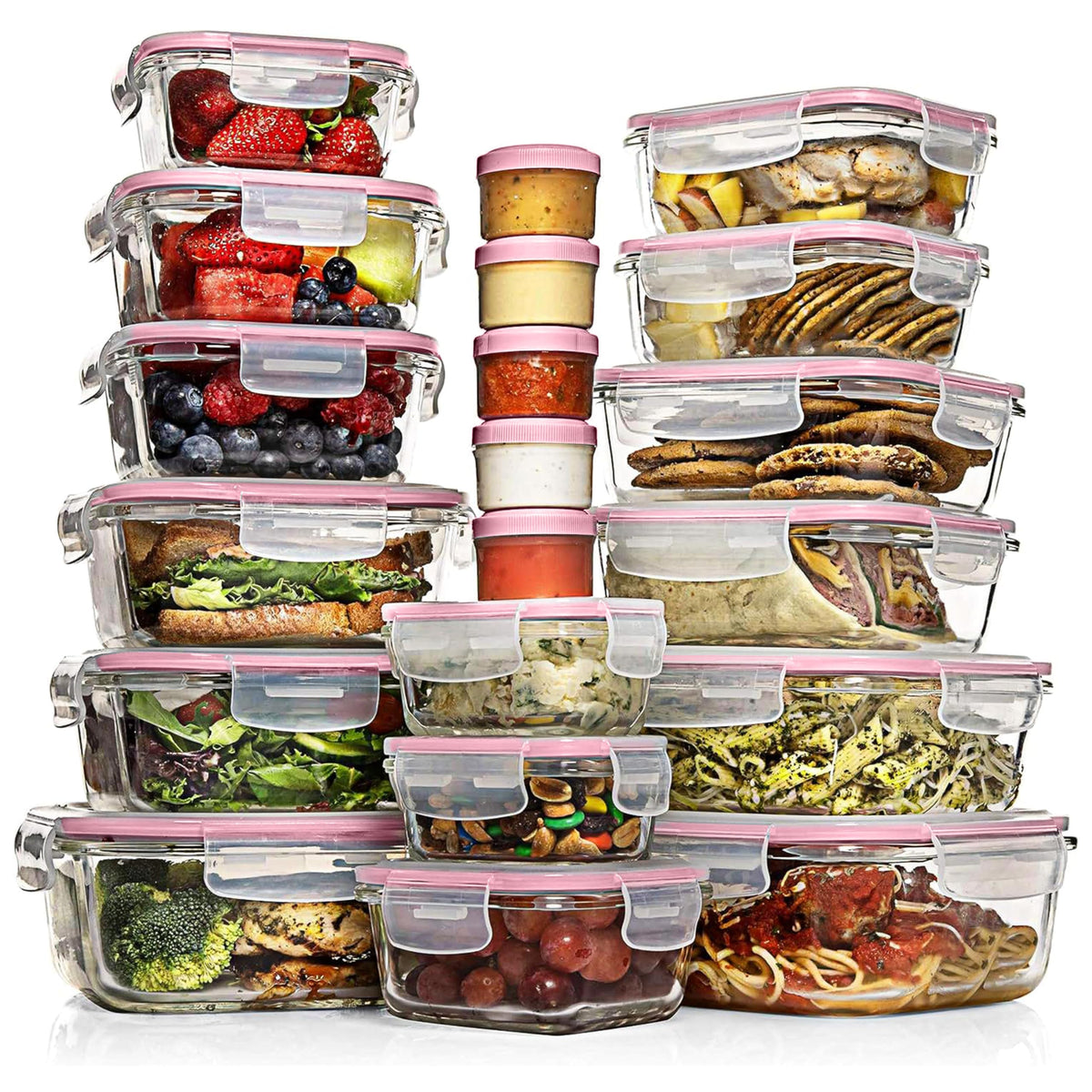 Razab 35 Pc Set Glass Food Storage Containers with Lids - Meal Prep Airtight Bento Boxes BPA-Free 100% Leak Proof (15 lids,15 glass & 5 Plastic Sauce/Dip Containers)