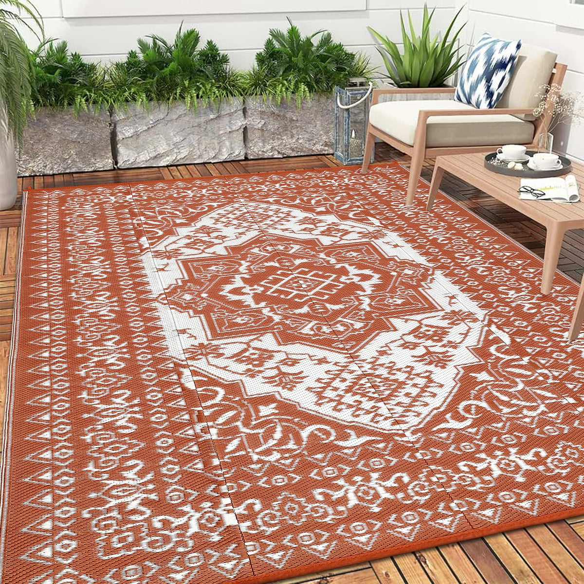 Outdoor Rugs 9x18 Reversible Mats Outdoor Plastic Straw Rug Waterproof Patio Rug Vintage Reversible Mats for Rv Deck Balcony Picnic, Beach, Trailer, Camping, Vintage|Light Blue