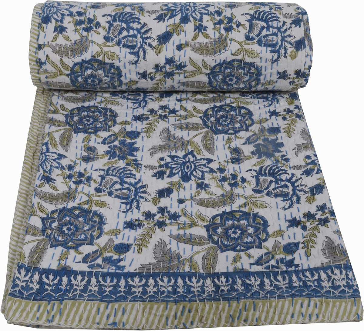 YUVANCRAFTS Indian Block Print Kantha Quilt Queen Size 90 x 108 Inch White 6-100% Cotton Bedspread Blanket Bed Cover Throw Vintage Boho