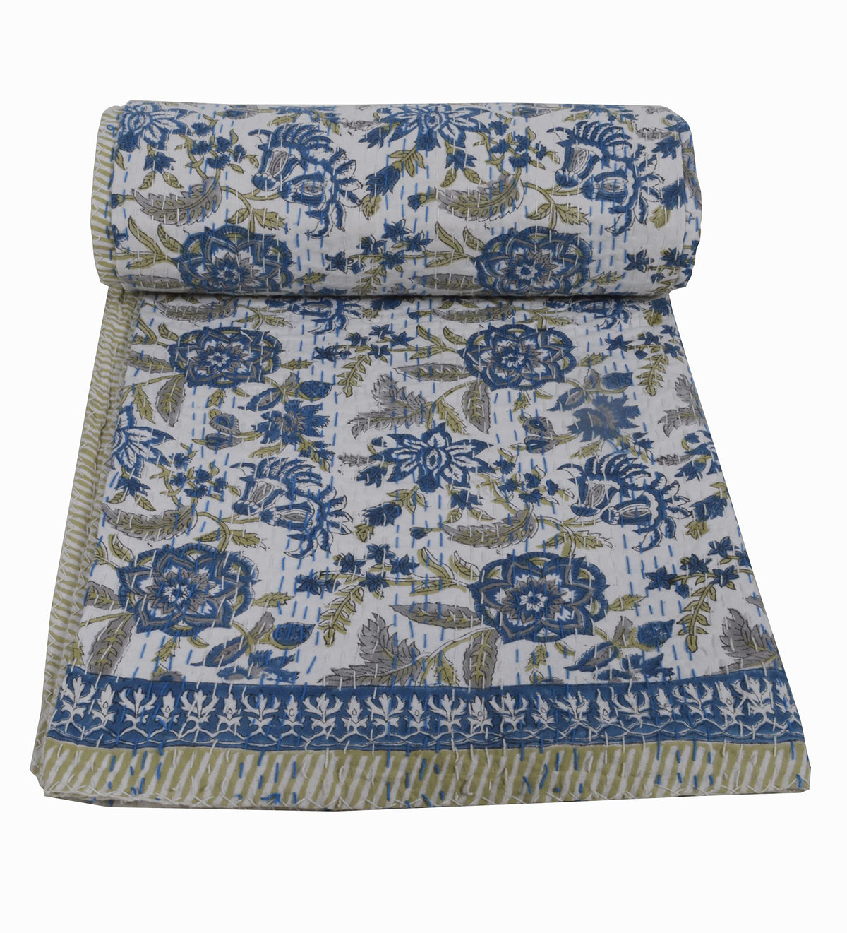 YUVANCRAFTS Indian Block Print Kantha Quilt Queen Size 90 x 108 Inch White 6-100% Cotton Bedspread Blanket Bed Cover Throw Vintage Boho