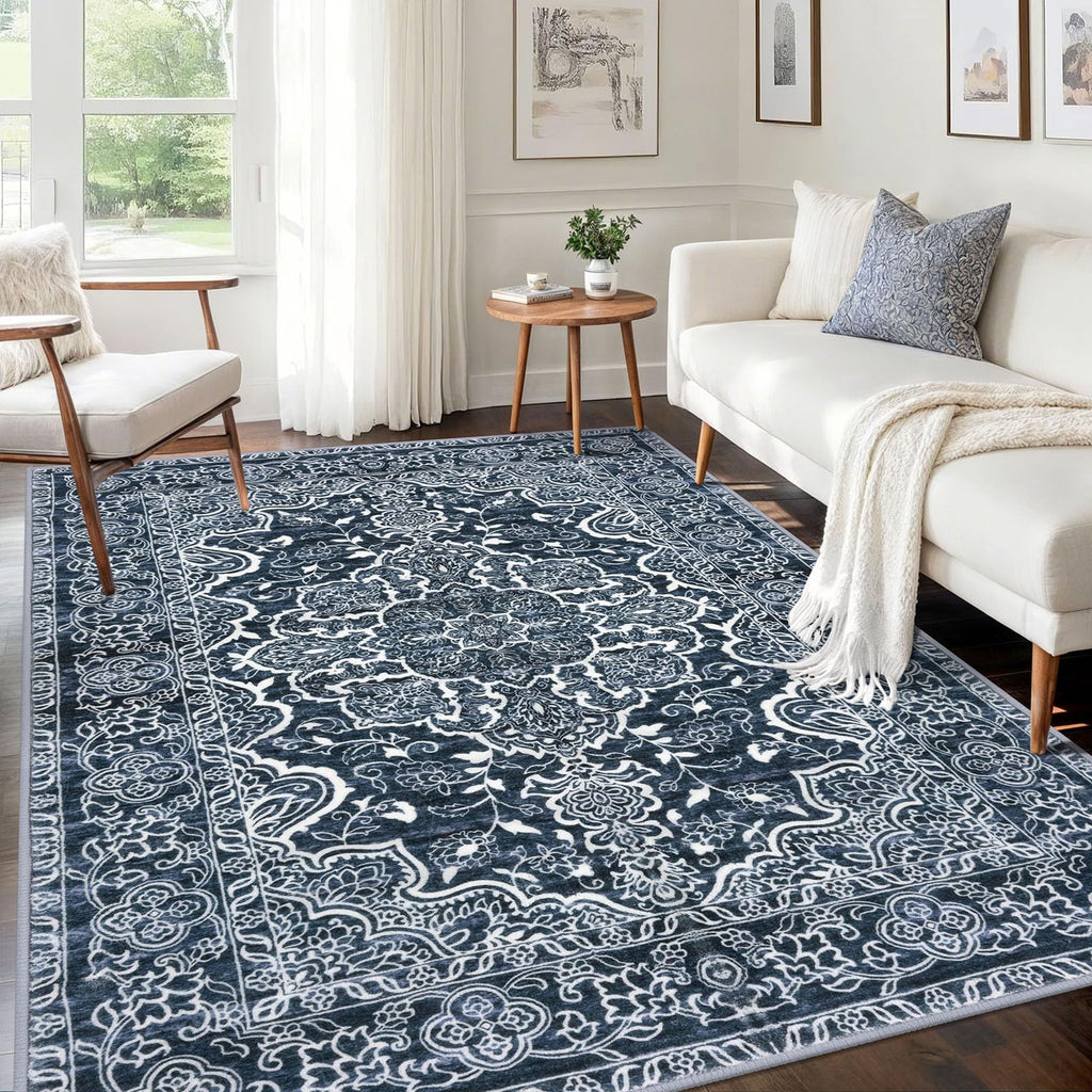 KUTA Vintage Extra Long Runners for Hallways 2.6x18ft Washable Blue White