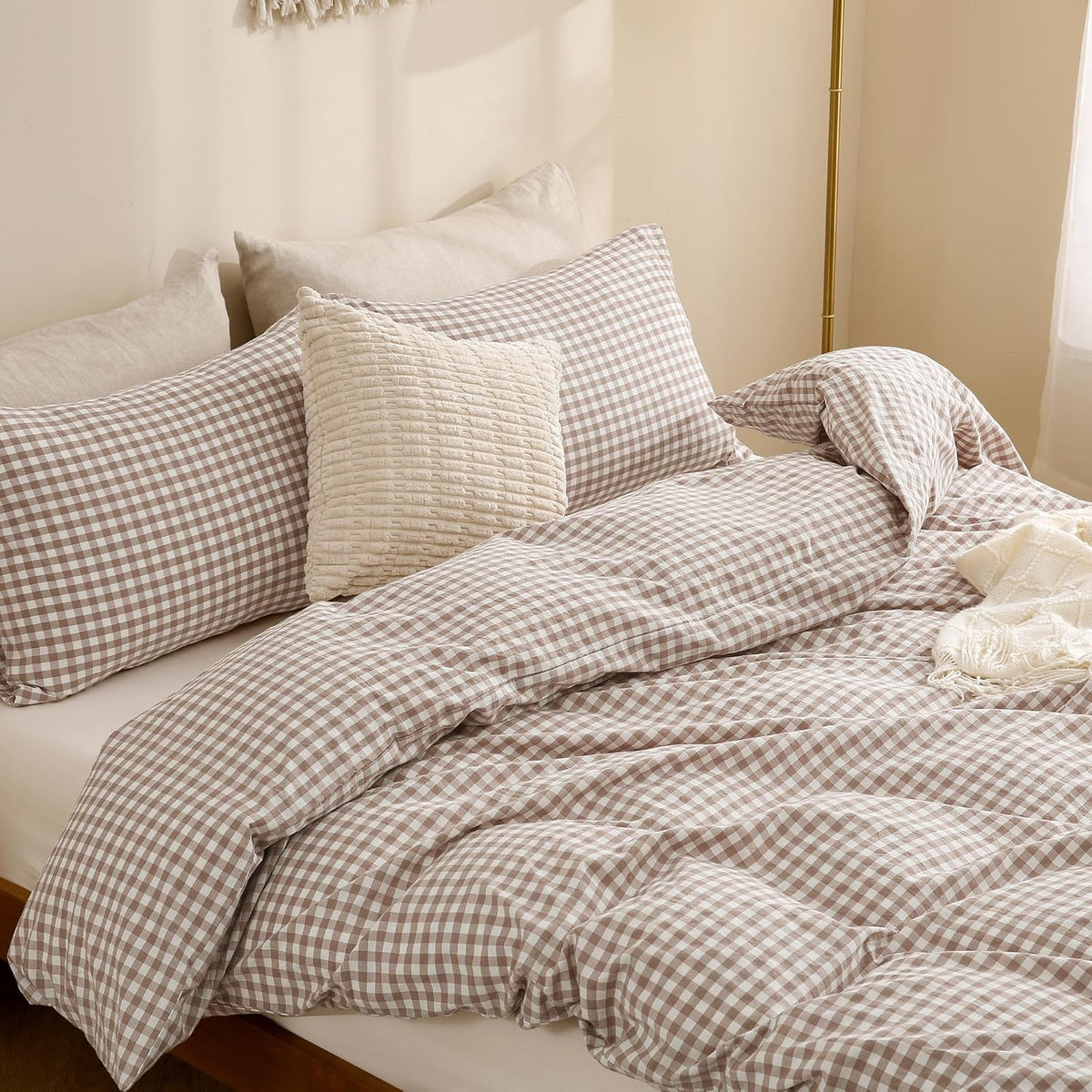 TOCOMOA Tan Gingham Duvet Cover Set Washed Cotton Like Linen, Cal King