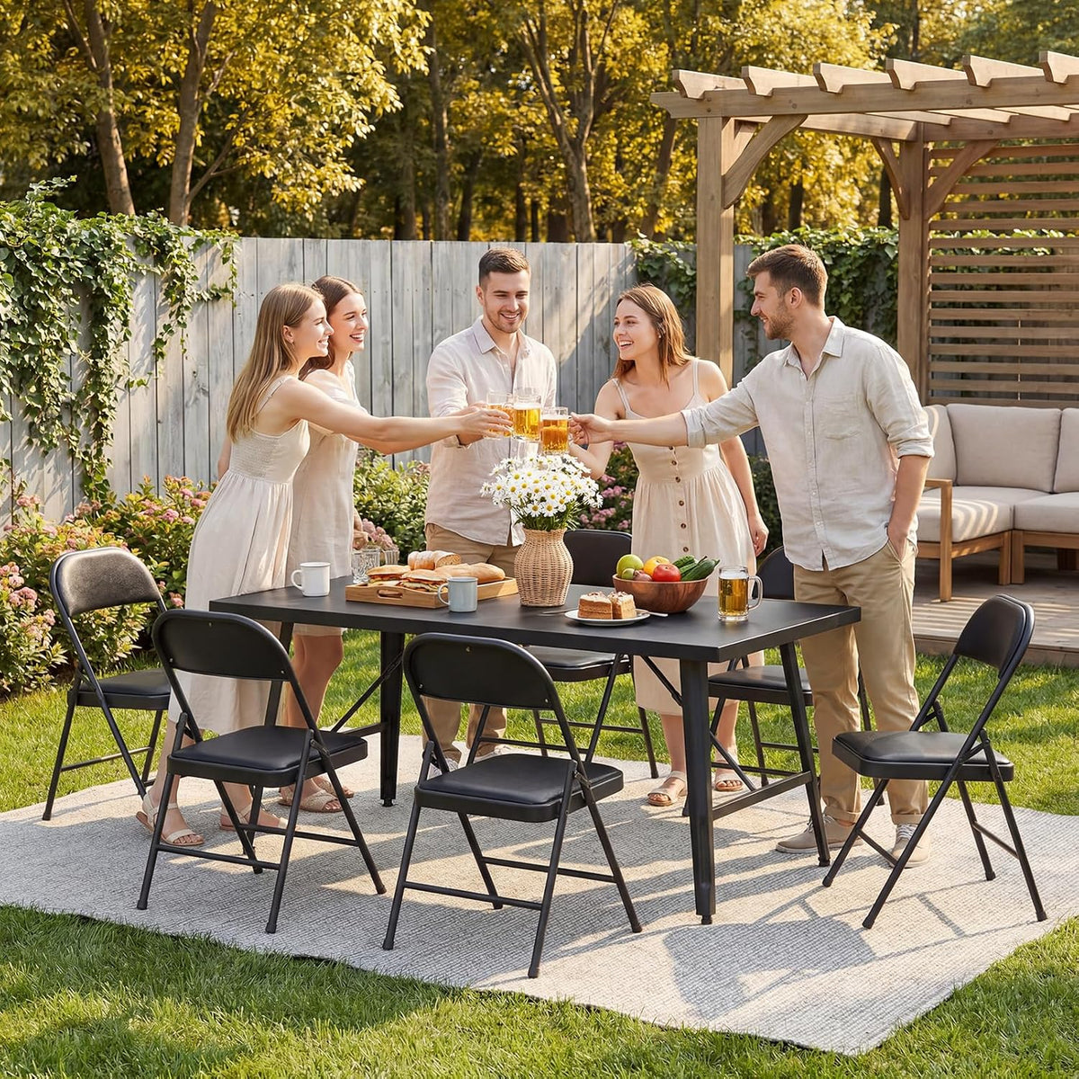 Folding Chairs 4 Pack,350 lbs Heavy Duty Metal Frame Folding Chairs with PU Leather Padded Seat,Ergonomic Portable Foldable Chair with Non-Slip Rubber Feet for Indoor Outdoor Wedding Patio Party,Black