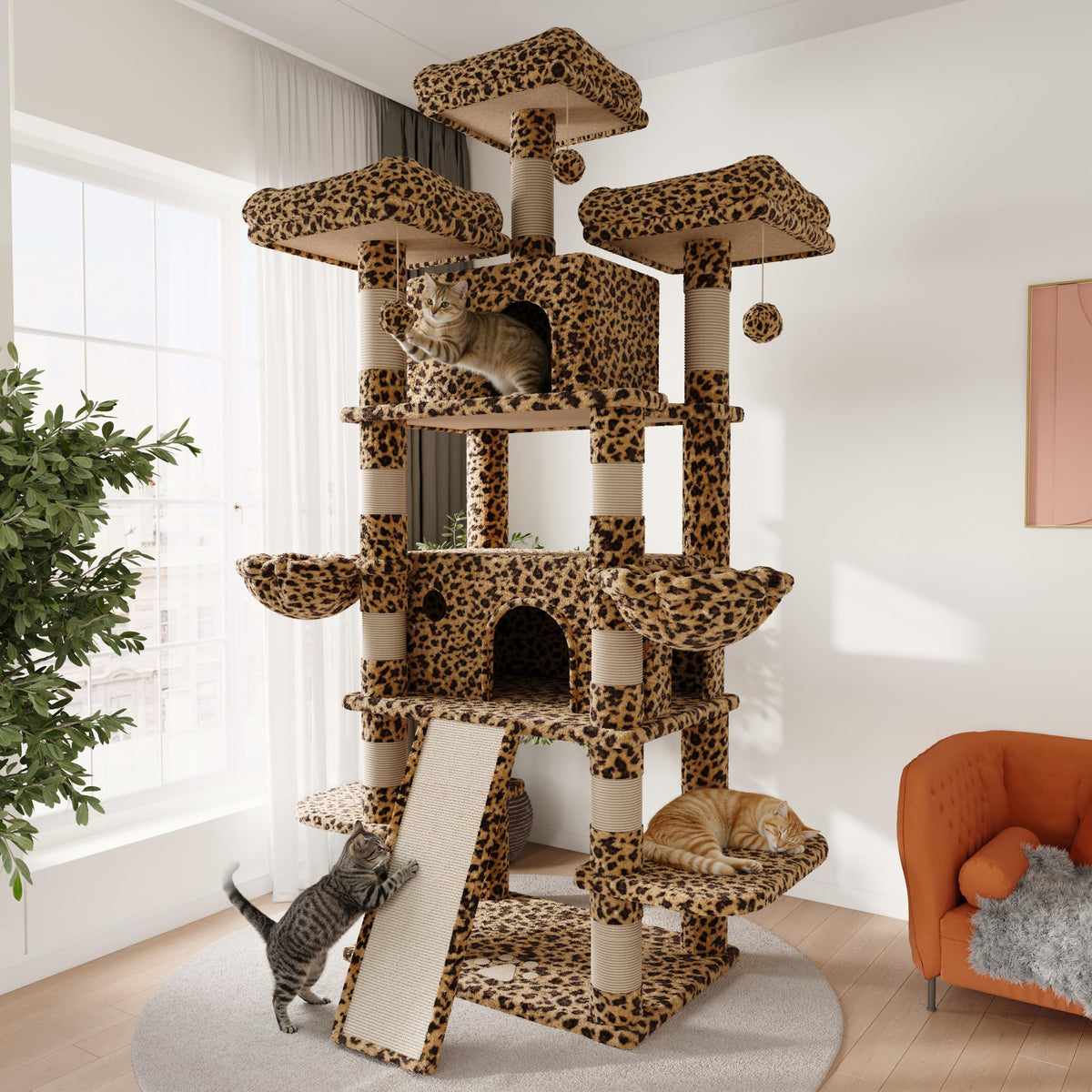 SHA CERLIN 68 Inches Multi-Level Large Cat Tree for Large Kitties/Big Cat Tower with Condo/Cozy Plush ‌Pussycat Perches/Sisal Scratching Posts and Hammocks/Activity Center/Leopard Print