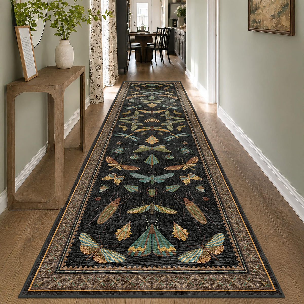 Hazo Haus Dark Green Insect Area Rugs 8x10 for Living Room, Dining Room Under Table, Bedroom, Unique Washable Floral Non Slip Low Pile Soft Rug