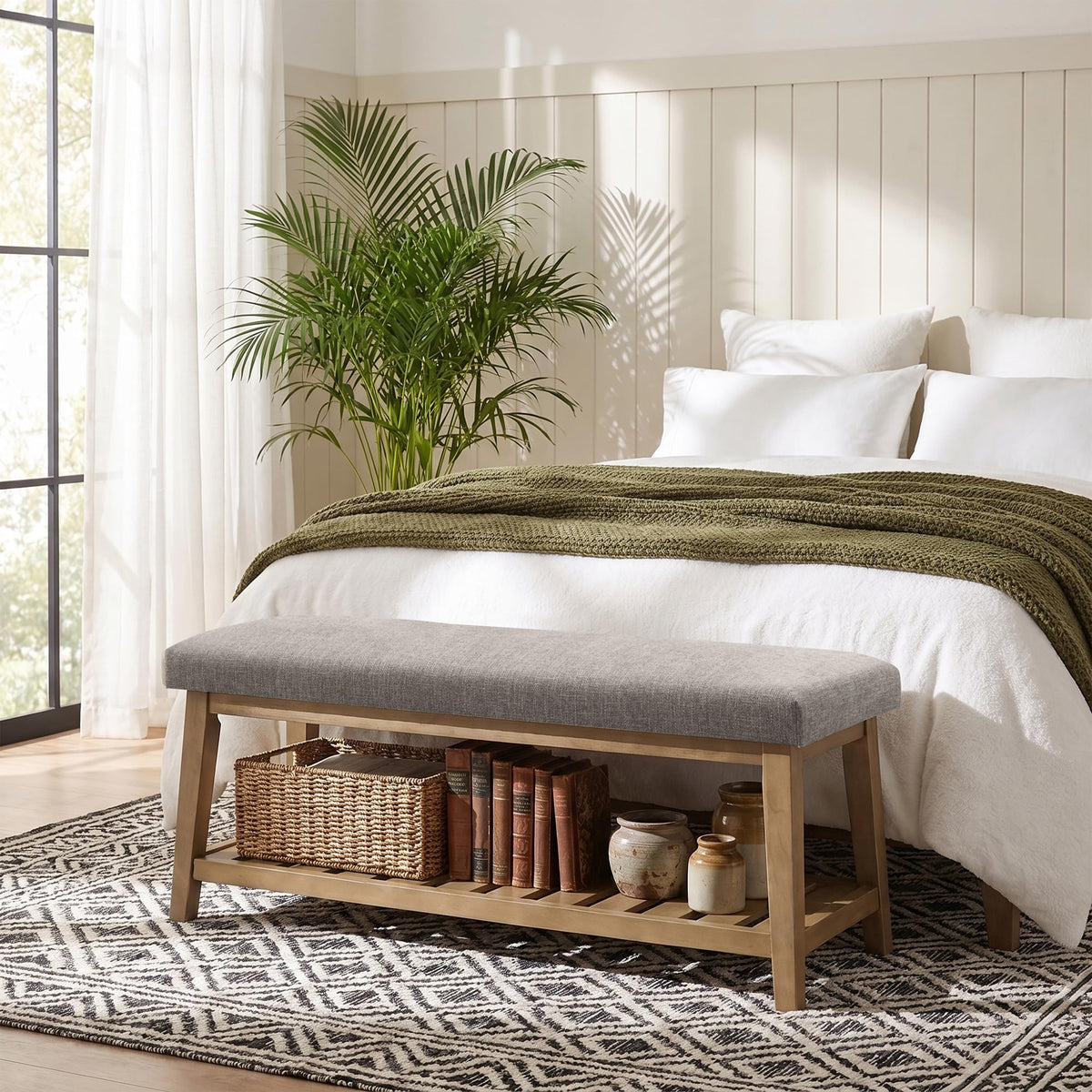 Zihanhome Entryway Shoe Bench, End of Bed Bench,Upholstered Bench(Beige)