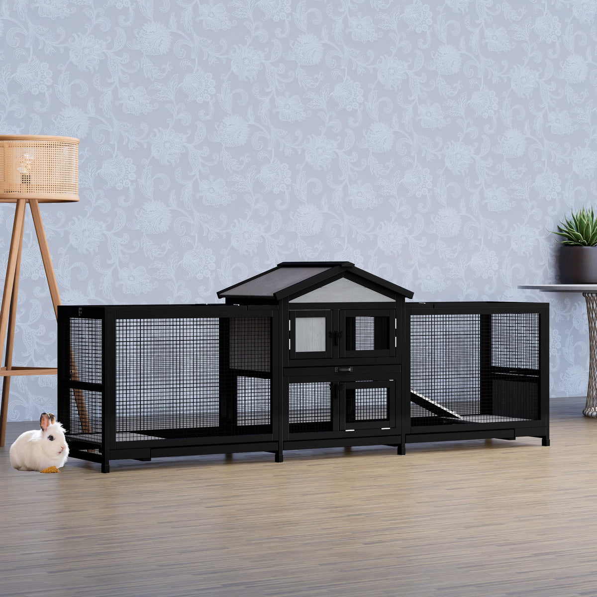 Rabbit Hutch 58" Rabbit Cage Outdoor&Indoor 2-Story Chicken Coop Guinea Pig Cage on Wheels Bunny Cage with 3 Deep No Leakage Pull Out Tray,Waterproof Roof (Black)