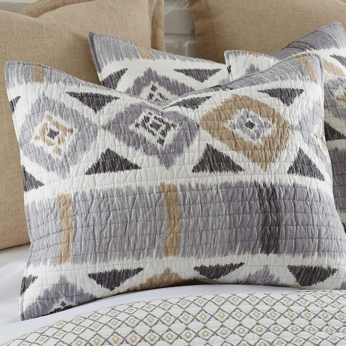 Levtex Home - Santa Fe Full/Queen Quilt - Ikat Pattern - Soft Grey, Cream, and Tan - Quilt Size (88x92in.) - Reversible - Cotton Fabric