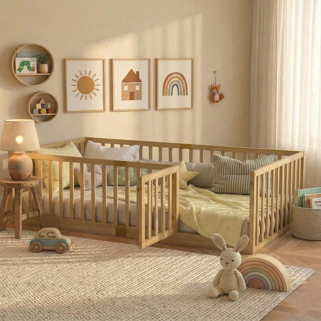 Twin Montessori Floor Bed with High Rails, Door & Slats for Kids, Natural