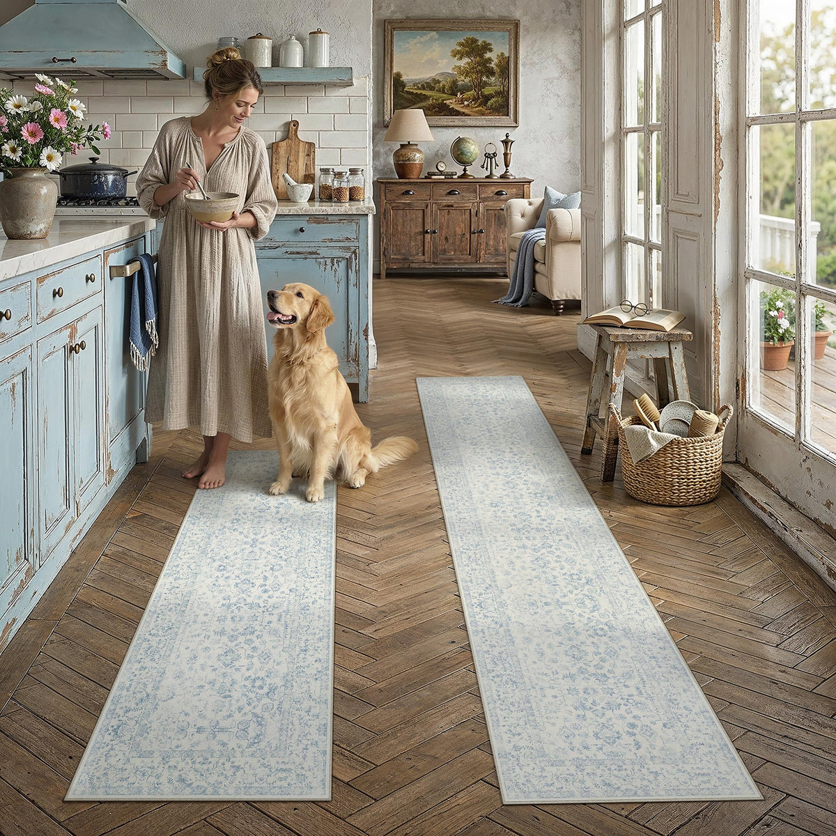 PureCozy Blue 6x6 Round Area Rug Vintage Washable Carpet Non Slip