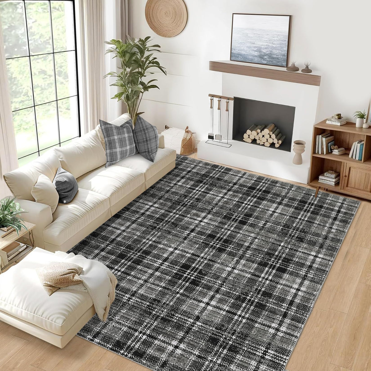 Modern Washable 8x10 Area Rug - Soft, Non-Slip, Stain Resistant, Farmhouse Tartan Plaid for Living Room, Bedroom, Nursery, Office - Beige