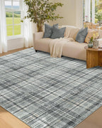 Modern Washable 8x10 Area Rug - Soft, Non-Slip, Stain Resistant, Farmhouse Tartan Plaid for Living Room, Bedroom, Nursery, Office - Beige