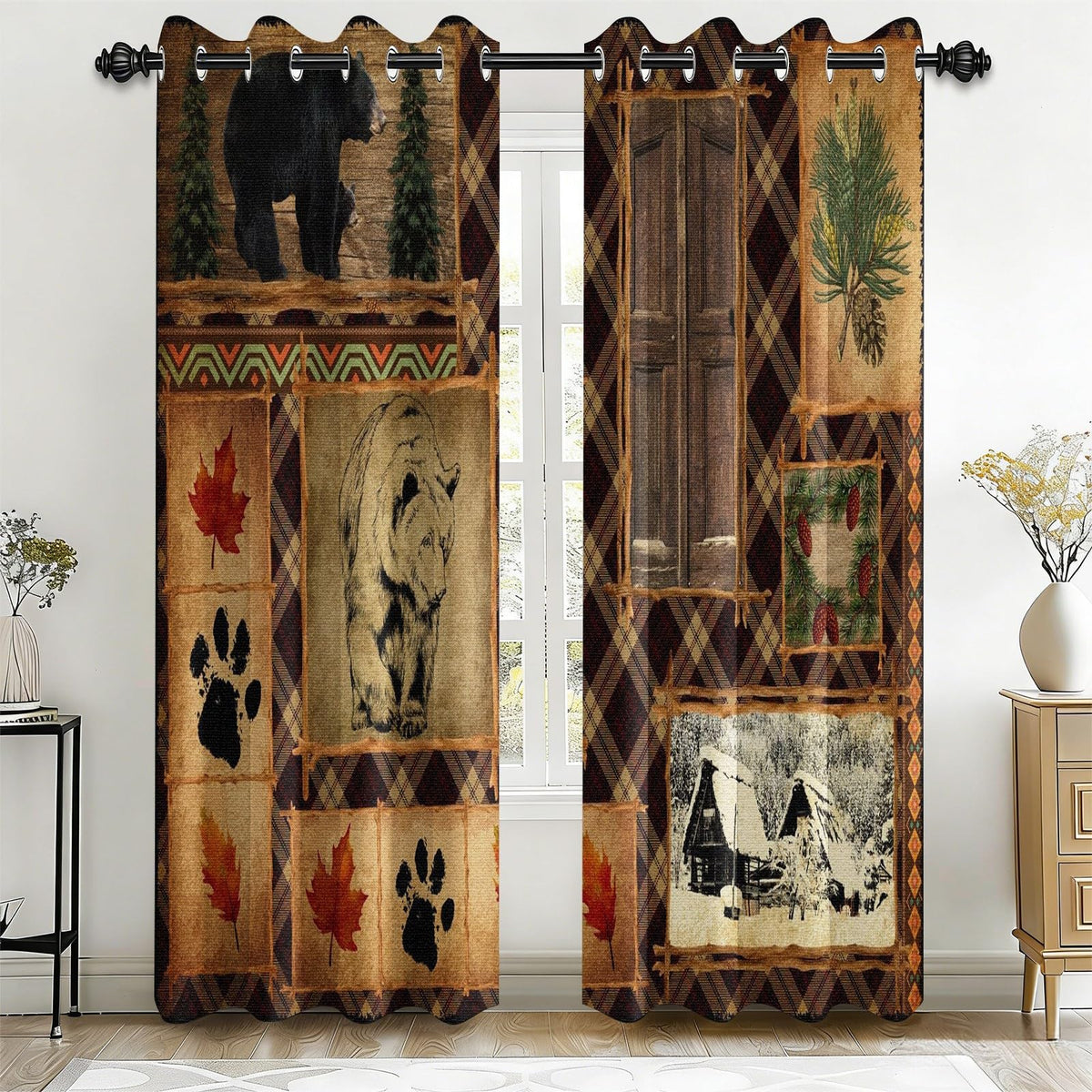 Rustic Farmhouse Cabin Blackout Curtains for Living Room, 96 Inch Long 2 Panels, Woodland Animal Bear Deer Curtains, Retro Country Style Patchwork Plaid Bedroom Window Drapes Treatment