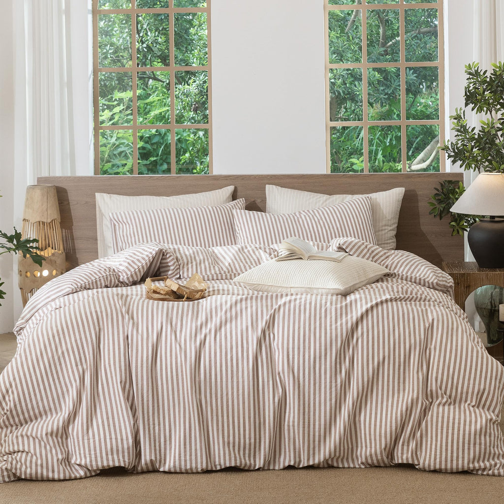 MooMee Striped Duvet Cover Set 100% Washed Cotton Linen Like Queen